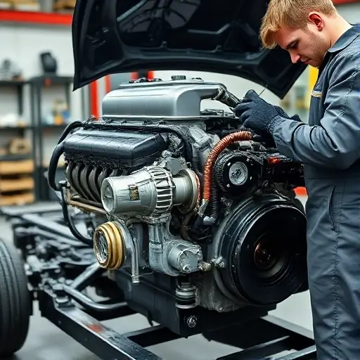 A detailed, realistic depiction of a mechanic repairing the 1.6 Turbo engine of a Chery Arrizo 8 (197 hp) in a workshop. The scene shows an open engine bay with the engine block, turbocharger, oil filter, and surrounding components. The mechanic, wearing a jumpsuit and gloves, is using a torque wrench and other tools on the engine. The background includes a car chassis and workshop equipment, with clean, focused lighting that highlights the mechanical details.