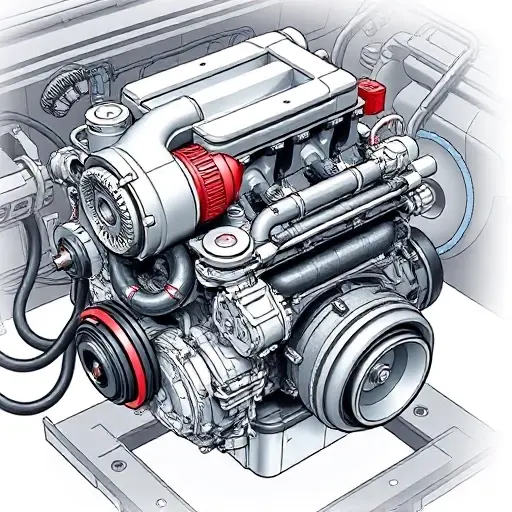 A detailed illustration of a Chery Tiggo 7 Pro 1.5 Turbo engine undergoing a major repair. Focus on the engine block, turbocharger, and surrounding components. Show tools and technicians working on the engine.