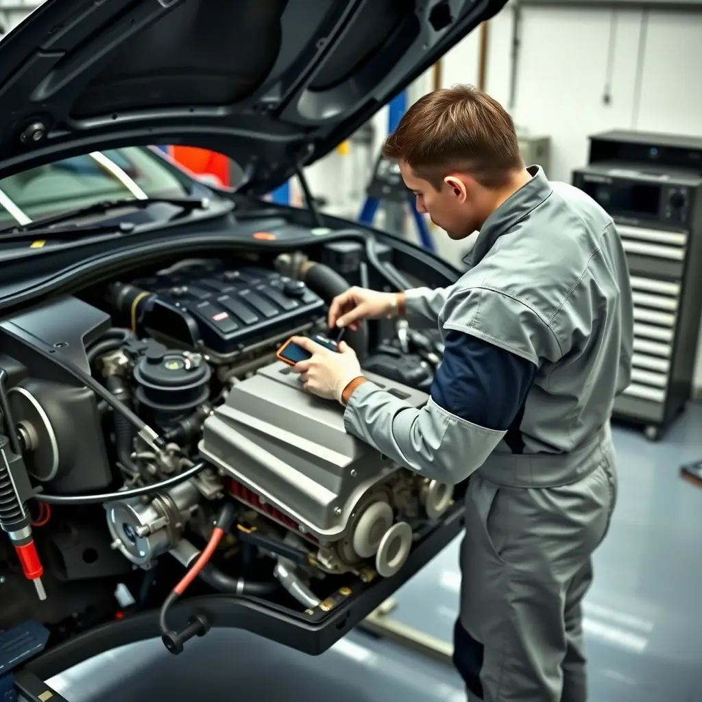 A detailed, realistic scene of a mechanic repairing the 2.0 L Ford engine of a Ginetta G40 sports car (model years 2015 to present). The car is on a lift with the hood open, exposing the engine bay. The mechanic, wearing a clean jumpsuit and gloves, is using professional tools (wrenches, diagnostic scanner) to work on the engine components. The setting is a well‑organized garage with bright lighting, clean floors, and subtle reflections on metal surfaces, emphasizing the precision of the repair process.