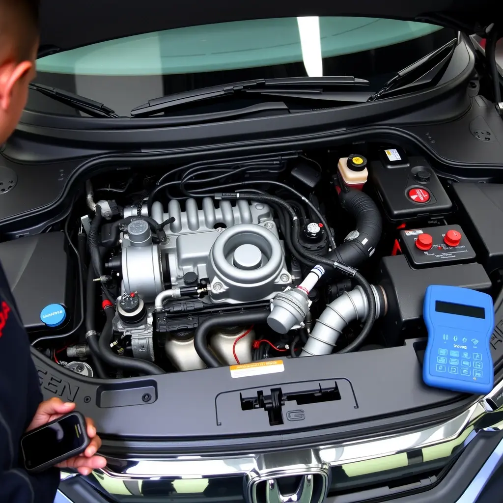 A detailed high-definition scene of a mechanic repairing the 1.5 L turbo engine of a 2017‑present Honda CR‑V, showing the open engine bay, the turbocharger, spark plugs, and diagnostic tools, with realistic lighting and focus on mechanical components, no background clutter