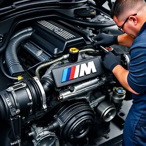 A detailed, high-quality image of a BMW M3 G80 3.0L 480 hp engine undergoing repair. Focus on the engine components, tools, and a mechanic working on it. The scene should be well-lit and show close-up details of the engine parts.