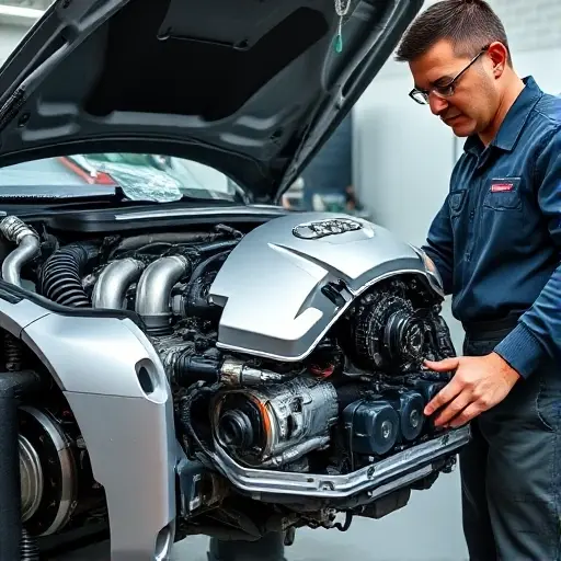 A detailed, high-quality image of a mechanic working on the engine of a silver Audi A4 1.4 TFSI 150 hp (2015-2019). The engine is partially disassembled, showing the internal components. The mechanic is wearing a tool belt and safety glasses. The background is a clean, well-lit garage.