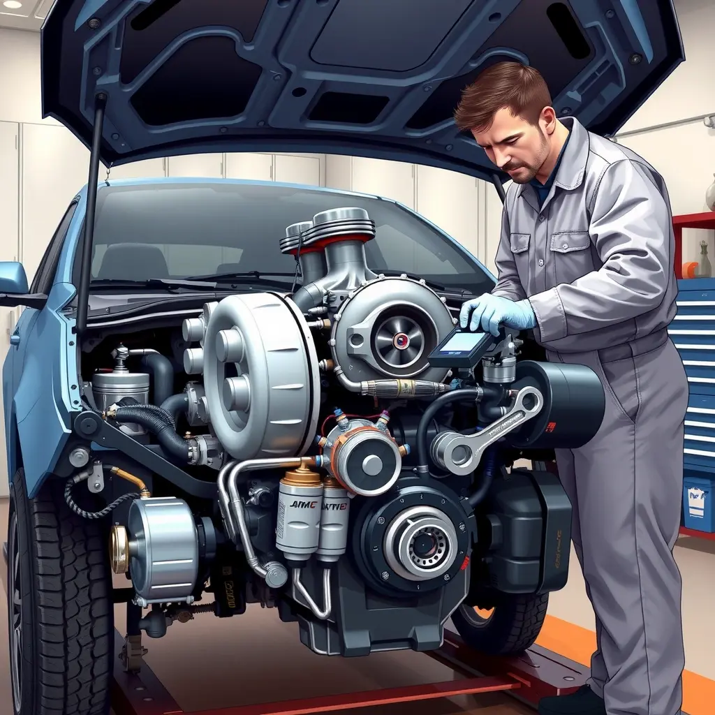 A detailed, high-resolution illustration of a mechanic performing a major overhaul on a JMC Vigus 2.0 Turbo gasoline engine (220 hp). The car's hood is open, revealing the engine block, turbocharger, pistons, and fuel system. The mechanic, wearing a clean jumpsuit and gloves, is using professional tools (wrenches, diagnostic scanner) and inspecting components. The workshop background is tidy, with tool cabinets and soft lighting that highlights the engine parts, emphasizing the complexity and precision of the repair.