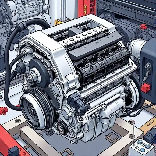 A detailed illustration of a DS 3 1.2 PureTech 13 engine undergoing a major repair. Focus on the engine block, components, and tools being used. The scene should depict mechanics working on the engine.