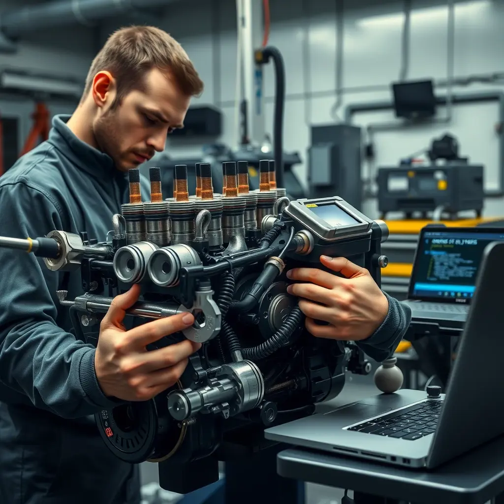 A realistic high-detail scene of a professional mechanic in a clean workshop, focused on repairing a Khazar LDV 2.5L diesel engine (136 hp, model years 2018-present). The engine is open, showing pistons, fuel injectors, and turbocharger, with diagnostic tools, wrenches, and a laptop displaying engine data. Soft industrial lighting highlights the metallic surfaces and the mechanic's hands, emphasizing precision and technical expertise.