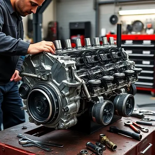 A detailed workshop scene showing a mechanic repairing a Chevrolet Tahoe 3.0 Duramax Diesel engine. The engine is partially disassembled on a workbench, with visible pistons, crankshaft, and cylinder head. Tools such as wrenches, sockets, and a torque wrench are scattered around. The background shows a garage with a work light and a toolbox. The focus is on the mechanical parts and the repair process, with realistic lighting and textures.