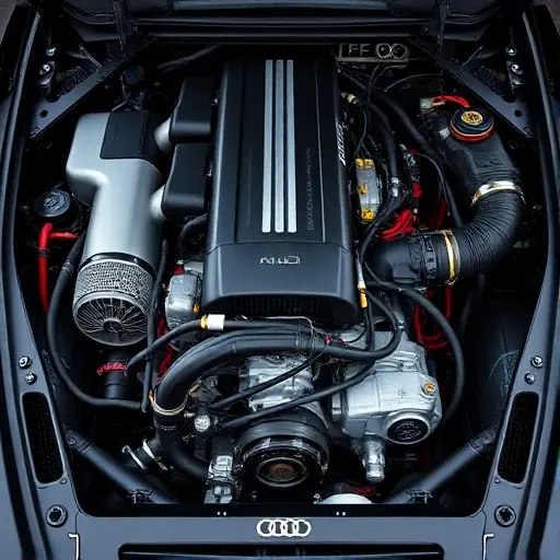 A detailed, high-quality image of the engine bay of a Donkervoort F22, showcasing the 2.5 TFSI Audi engine. Focus on the engine components, wiring, and overall mechanical complexity. The engine should be prominently displayed, with a clean and organized layout.