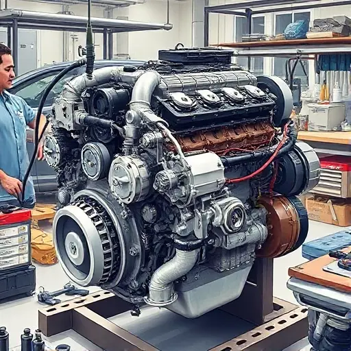 A detailed illustration of a Chery Tiggo 3 1.6L 126 hp engine undergoing a major repair. The engine should be shown with visible components, tools, and technicians working on it. Focus on the engine block, cylinder head, and various parts. The scene should depict a workshop environment with tools and equipment scattered around.