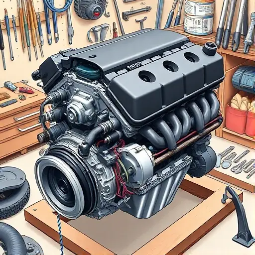 A detailed illustration of a Chevrolet Tahoe 5.3 V8 engine undergoing a major overhaul. The engine should be prominently displayed, showcasing various components like the block, heads, and intake manifold. Tools and parts related to engine repair should be visible in the background, suggesting the ongoing work. Focus on mechanical accuracy and realistic depiction.