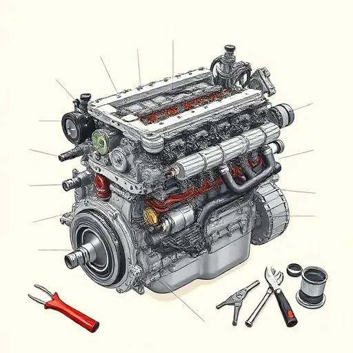 A detailed illustration of a diesel engine, specifically a Jie Fang Shenwei 2.8L engine with 120 horsepower, undergoing a major overhaul. Show various components like the engine block, cylinder head, fuel injection system, and exhaust manifold. Focus on the mechanics and tools involved in the repair process.