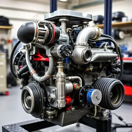 A detailed, high-quality image of a Lotus Emira 3.5 V6 Supercharged 400 engine undergoing a major overhaul. The engine should be partially disassembled, revealing intricate components. Focus on the engine block, supercharger, and various mechanical parts. The background should be a clean, well-lit workshop environment.