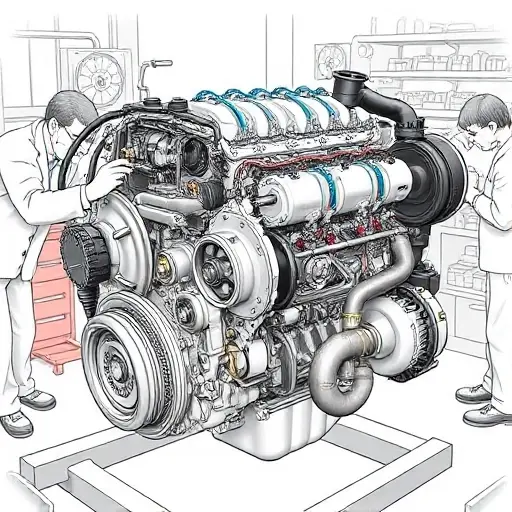 A detailed illustration of a Fiat Tipo 1.3 Multijet 95 hp engine undergoing a major repair. The engine should be shown with visible components, tools, and technicians working on it in a workshop setting. Focus on the engine block, turbocharger, and exhaust system.