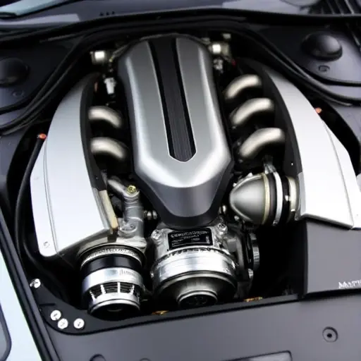 A detailed, high-quality image of the engine bay of a Aston Martin DB9 GT 5.9 L V12. Focus on the engine itself, showcasing the intricate details of the V12 engine, including the cylinders, exhaust manifolds, and other components. The engine should be well-lit, highlighting its metallic surfaces and craftsmanship. The background should be blurred, drawing attention to the engine.