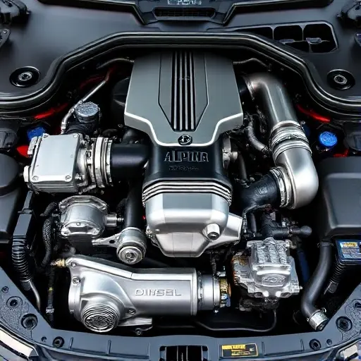 A detailed, high-quality image of the engine bay of an Alpina D3 Touring 3.0 R6 Diesel Bit. Focus on the engine components, showcasing the intricate details of the diesel engine. Include elements like the turbocharger, intercooler, exhaust system, and engine block. The lighting should be realistic, highlighting the metallic surfaces and engine parts.
