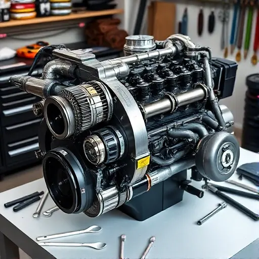 A detailed, realistic image of a disassembled Aston Martin DBX707 engine. Focus on the V12 twin-turbo engine components, showcasing the intricate mechanics and high-performance parts. Include visible turbochargers, pistons, connecting rods, and other engine elements. The engine should be presented on a clean, well-lit workbench with tools subtly placed around it.