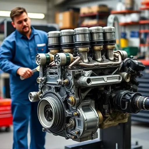 A detailed workshop scene showing a mechanic working on a Bugatti EB110 3.5L V12 Quad Turbo engine. The engine is partially disassembled, with visible pistons, crankshaft, turbochargers, and oil filters. The mechanic is wearing a blue coverall, holding a wrench, and there are tools and a workbench in the background. The lighting is bright and focused on the engine, with a subtle blur of the workshop behind.