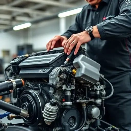 A detailed, realistic image of a mechanic working on the engine of an Audi A5 2.0 TFSI. The engine should be partially disassembled, revealing internal components. The mechanic is wearing a uniform and using specialized tools. The background should be a clean, well-lit auto repair shop. Focus on the engine and the mechanic's hands working on it.