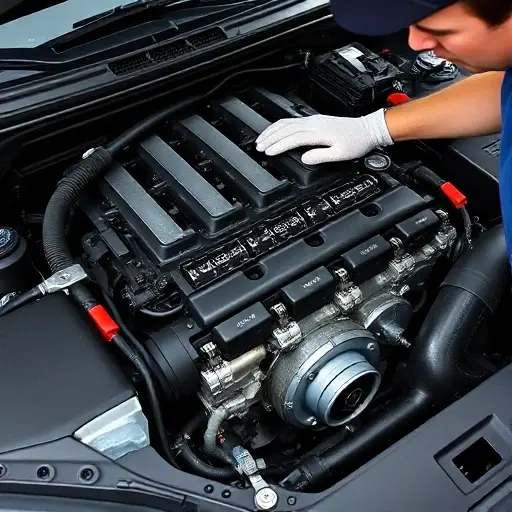 A detailed close-up of a mechanic repairing the engine of a Citroën C5 Aircross PHEV 225 hp, showing the engine bay, tools, and parts, with a focus on the engine block, pistons, and electrical connections, all in a realistic style