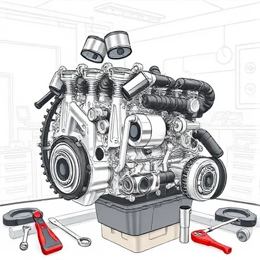 A detailed illustration of a BMW 1er F20 2.0L 184 hp engine undergoing repair. The engine should be partially disassembled, showing various components like pistons, connecting rods, and the engine block. Tools such as wrenches, screwdrivers, and diagnostic equipment should be present around the engine. The background should be a clean, well-lit workshop environment.