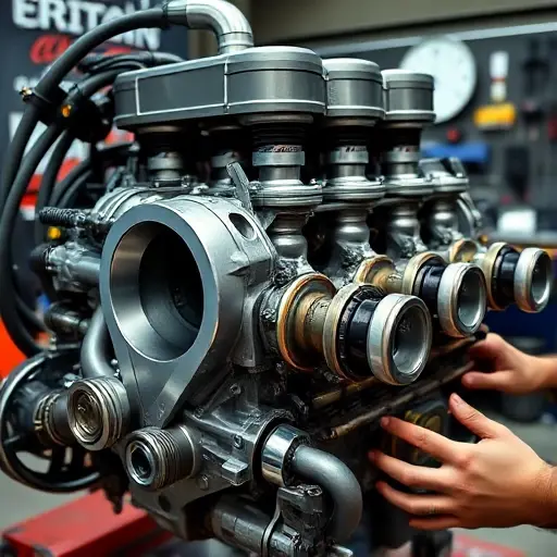 A close-up of a high-performance V8 biturbo engine, showing pistons, crankshaft, turbochargers, and engine block, with a workshop background, tools, and mechanic's hands