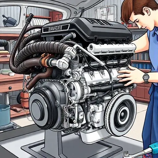 A detailed illustration of an AC Ace 2017 2.3 EcoBoost engine undergoing repair. Focus on the engine block, visible components, and tools being used. The scene should depict a mechanic working on the engine in a garage setting.