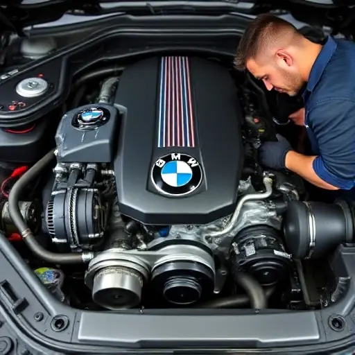 A detailed, high-quality image of a BMW M5 G30 4.4 V8 engine undergoing repair. Focus on the engine bay with visible components, tools, and a mechanic working on the engine. The scene should be well-lit and show a professional repair environment.