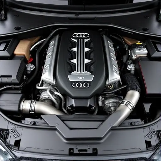 A detailed, high-quality image of the engine bay of a 2018-present Audi R8 5.2 FSI V10. Focus on the engine itself, showcasing the V10 configuration, the intake manifold, exhaust system components, and other key engine parts. The lighting should be realistic, highlighting the metallic surfaces and intricate details.