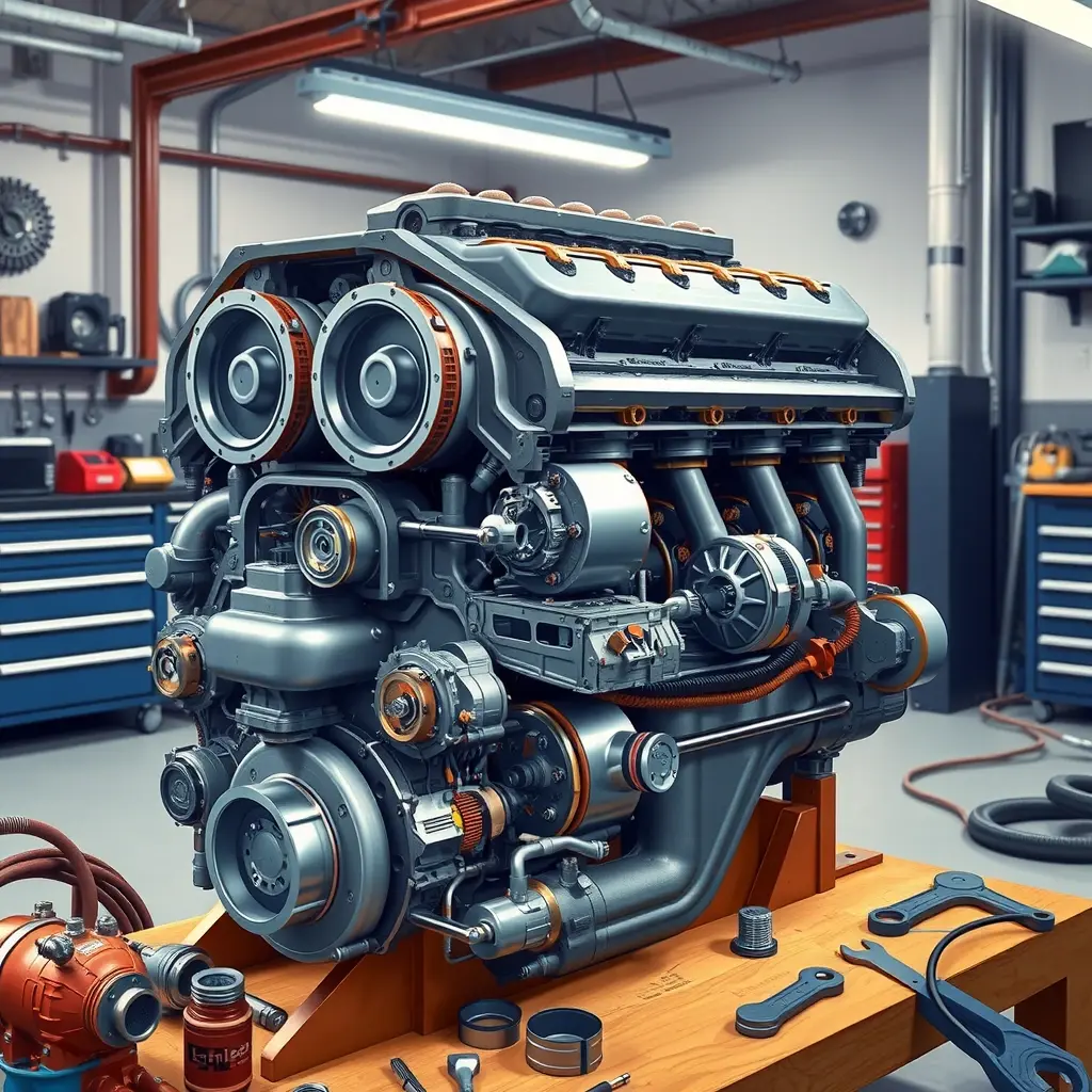 A highly detailed, realistic illustration of a Lister LFT 666 5.0 V8 supercharged engine in a workshop undergoing a complete overhaul. The engine block is open, showing pistons, crankshaft, supercharger, and internal components with bolts, gaskets, and tools such as wrenches, torque wrenches, and diagnostic equipment scattered around. The scene is lit with bright workshop lighting, emphasizing metallic textures, oil stains, and the precision of the repair process. The background shows a clean, organized garage environment with workbenches and tool cabinets, but no people or text.