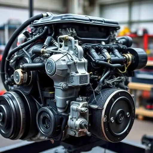 A detailed, high-quality image of a Citroën C5 X PHEV engine undergoing a major repair. Focus on the engine block, visible components, and tools being used. The scene should be in a well-lit workshop environment.