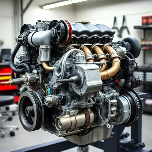 A detailed, high-quality image of a Cadillac CT6 4.2 V8 Twin Turbo engine undergoing a major repair. The engine should be partially disassembled, revealing intricate components and tools. Focus on the engine block, turbochargers, and exhaust system. The background should be a clean, well-lit workshop environment.