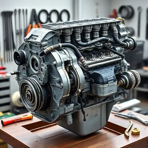 A detailed, realistic depiction of a disassembled Aston Martin DB9 5.9L V12 engine. Focus on the engine block, cylinder head, and visible components like pistons, connecting rods, and valve train. The engine should be presented on a clean, well-lit workbench with various tools subtly placed around it. The overall aesthetic should emphasize precision engineering and mechanical complexity.