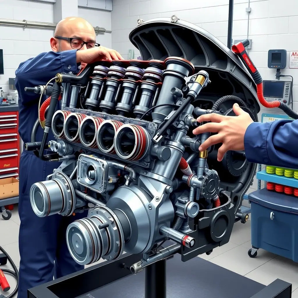 A detailed high-resolution illustration of a mechanic in a clean workshop performing a complete overhaul of a Hyundai Elantra 2.0 L 147 hp engine. The engine is opened, showing pistons, crankshaft, valves, and other components, with tools such as wrenches, sockets, and diagnostic equipment arranged around it. The scene is realistic, well-lit, focusing on the engine parts and the mechanic's hands, with no text or logos.