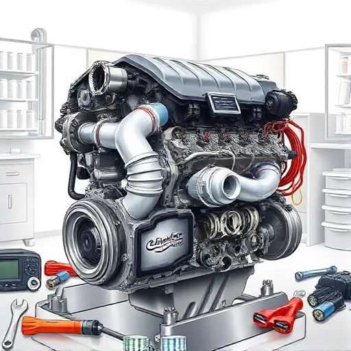 A detailed illustration of a Chrysler PT Cruiser 2.4L Turbo engine undergoing a major repair. The engine should be partially disassembled, revealing internal components. Focus on the engine block, turbocharger, and associated parts. Tools like wrenches, screwdrivers, and diagnostic equipment should be visible around the engine. The background should be a clean, well-lit workshop environment.