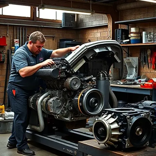 A mechanic in a well-lit garage working on a Chrysler 300 5.7 V8 HEMI engine, with the engine block exposed, tools scattered around, and engine parts on a workbench, all depicted in a realistic style
