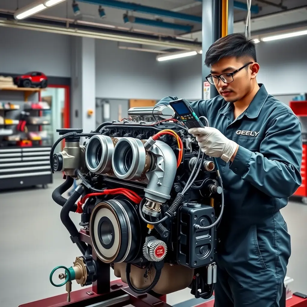 A detailed, high-resolution scene of a professional mechanic in a modern garage performing maintenance on a Geely Monjaro 2.0 Turbo engine. The engine block is open, showing pistons, turbocharger, and wiring. The mechanic wears a clean jumpsuit, safety glasses, and gloves, using diagnostic tools and a wrench. The background includes organized tool racks, a service lift, and subtle lighting that highlights the engine components, all rendered in a realistic HD-HQ style.