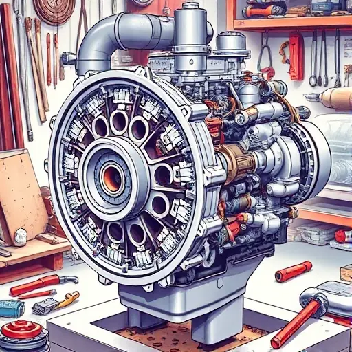 A detailed illustration of an AC Ace 1993-2000 engine, specifically a rotary engine, showing key components like the rotor, housing, and internal mechanisms. The engine should be depicted in a workshop setting with tools and parts around it. Focus on the engine's intricate design and mechanical elements.