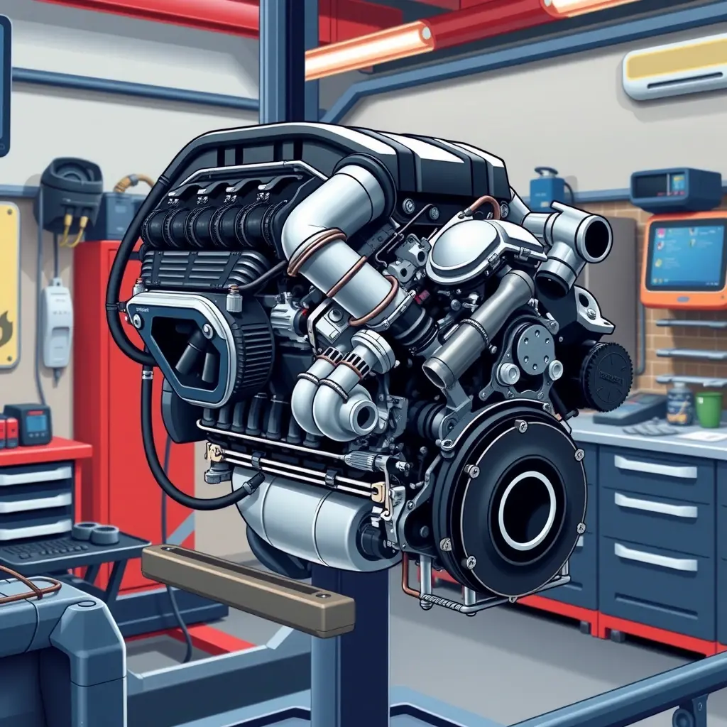 A detailed, high‑resolution illustration of a Ford Mustang 2.3 L EcoBoost engine being repaired in a professional garage. The scene shows the engine block on a lift, mechanics' tools such as wrenches, diagnostic scanner, and a clean workbench. Emphasize the engine’s distinctive components – turbocharger, intake manifold, fuel injectors, and the 290 hp badge subtly indicated by design cues – without any lettering or numbers. The lighting highlights metallic surfaces and the precise craftsmanship of the repair process, capturing the modern aesthetic of a 2015‑2023 Mustang engine in an HD‑HQ style.