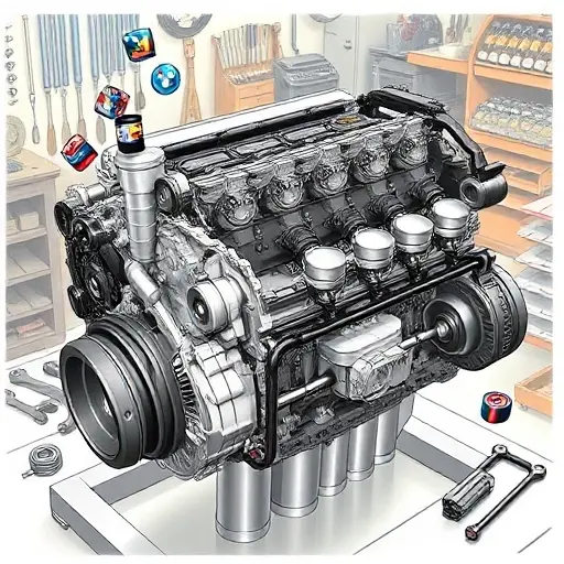 Капитальный ремонт двигателя BMW 3er E90 3.0 L 306 л.с. (2008–2013) A detailed illustration of a BMW 3 Series E90 3.0L 306 hp engine undergoing a major overhaul, showing the engine block, pistons, crankshaft, camshaft, timing belt, and various components disassembled, with tools and parts arranged neatly in a workshop setting, focusing on mechanical detail and precision.