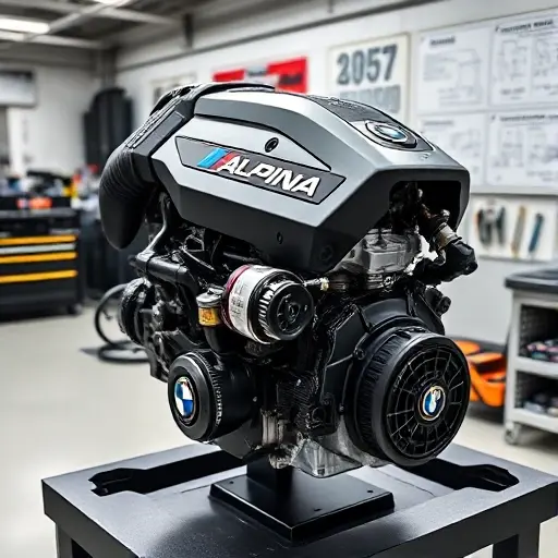 A high‑resolution automotive scene showing a close‑up of a diesel engine labeled Alpina D5 S 3.0 R6 Tri‑Turbo, with 350 horsepower, displayed on a clean workshop bench, surrounded by tools and technical diagrams, emphasizing precision engineering and performance