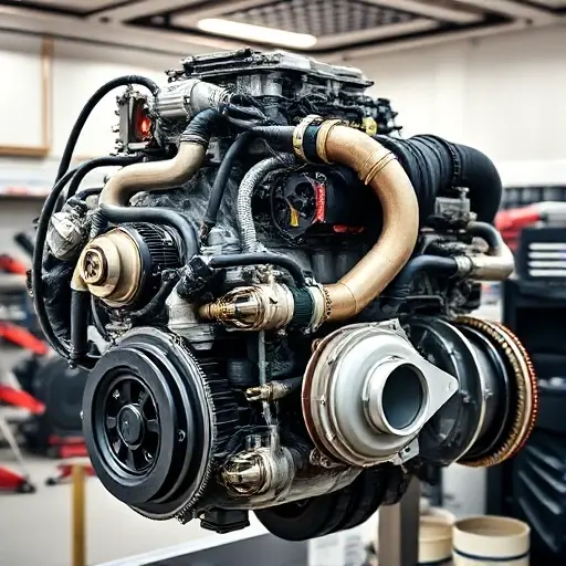 A detailed, high-quality image of a Mercedes-Benz S 580 4.0 V8 Turbo MH engine undergoing a major repair. The engine should be partially disassembled, revealing intricate components. Focus on the engine block, turbocharger, and exhaust manifold. Show tools and technicians working around the engine. The background should be a clean, well-lit workshop environment.