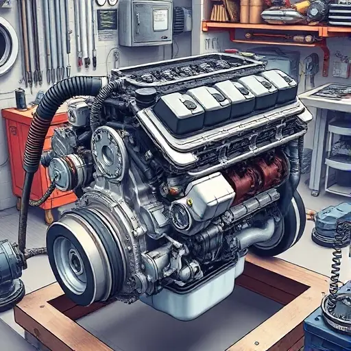 A detailed illustration of a Buick LaCrosse eAssist 2.4 L 182 engine undergoing a major overhaul. Focus on the engine block, components, and repair tools. The scene should depict a workshop environment with various mechanical parts and equipment.