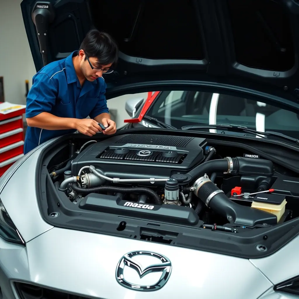 A detailed, high‑resolution scene of a mechanic in a clean garage working on the engine of a 2015 Mazda MX‑5 Miata 2.0 Skyactiv‑G. The open hood reveals the 184 hp engine block, with visible pistons, timing chain, and spark plugs. The mechanic wears a blue jumpsuit and safety glasses, using a wrench and diagnostic scanner. Tools and a service manual are neatly arranged on a workbench, and the iconic Mazda logo on the car’s front is visible. The lighting is bright and realistic, emphasizing the metallic textures and the precision of the repair process.