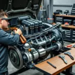 A detailed, realistic scene of a mechanic in a workshop repairing the engine of a Range Rover L322 3.6 TDV8, showing the open engine bay with visible pistons, turbocharger, and fuel injection components, surrounded by professional tools and a clean workbench, captured in high-definition, high-quality rendering