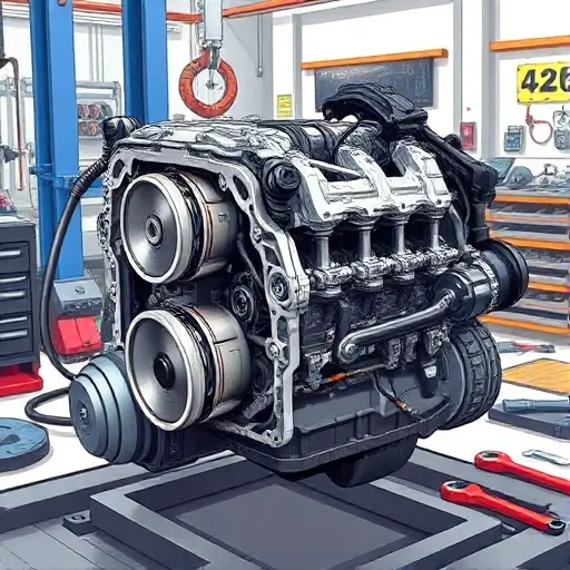 A detailed illustration of a BMW 1 Series F20 2.0L engine undergoing a major overhaul in a professional workshop. The engine block is opened, showing pistons, crankshaft, and internal components, with mechanic's tools such as wrenches, torque wrench, and diagnostic equipment scattered around. The scene is realistic, clean, and focused on the mechanical details without any brand logos or text.