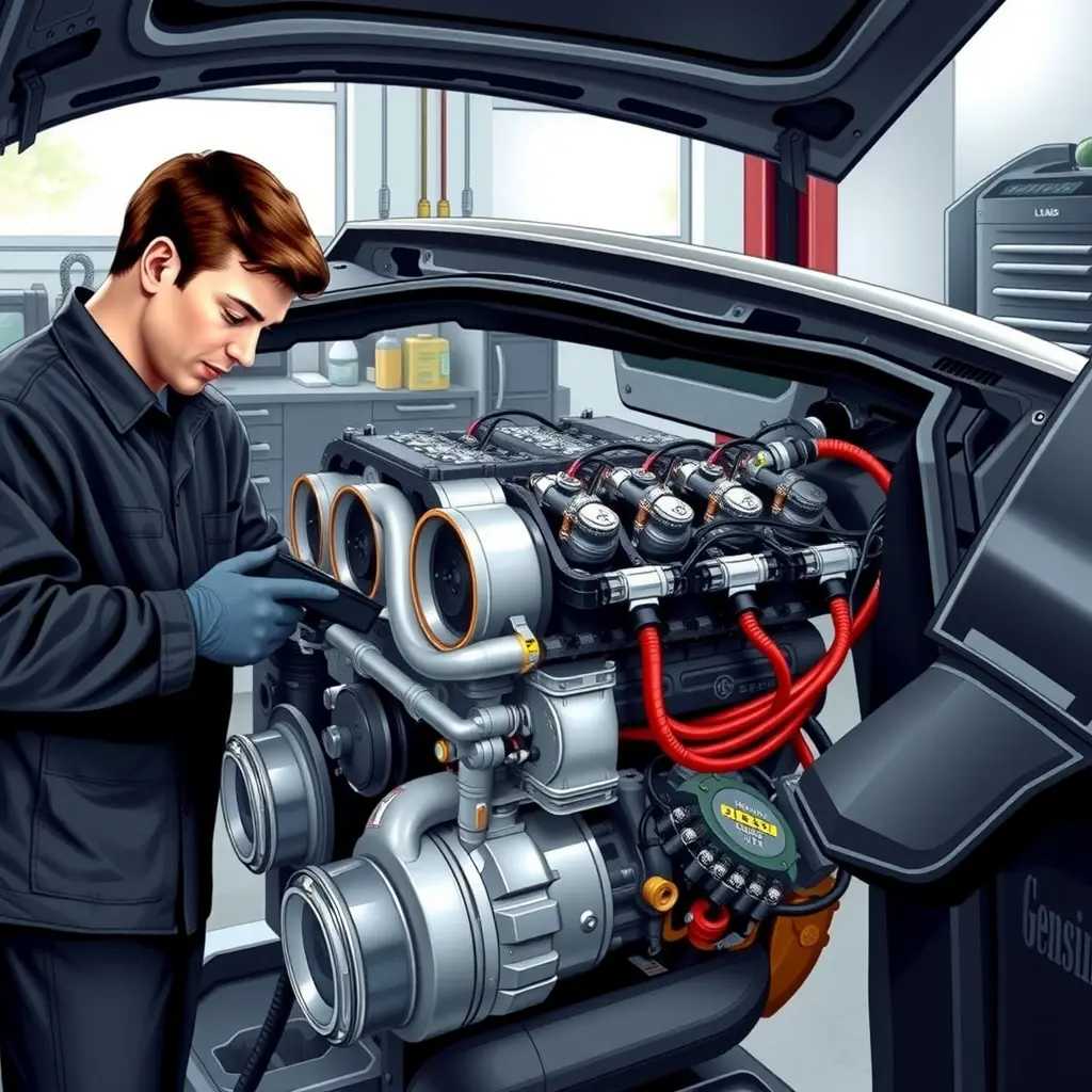 A detailed, realistic illustration of a mechanic in a clean garage environment working on the 3.5 L V6 turbocharged engine of a Genesis GV80. The engine block is open, showing pistons, turbocharger, fuel injectors, and wiring harnesses. The mechanic, wearing a dark coverall and gloves, uses a diagnostic scanner and a wrench, focusing on the engine components. The scene is well‑lit with natural light from a window, highlighting metallic surfaces and oil‑slicked parts, conveying professional automotive repair.