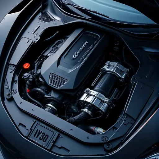 A detailed, high-quality image of the McLaren Artura's engine bay, showcasing the hybrid powertrain components. Focus on the intricate details of the engine, battery pack, and electric motors. The lighting should highlight the technological aspects of the car.