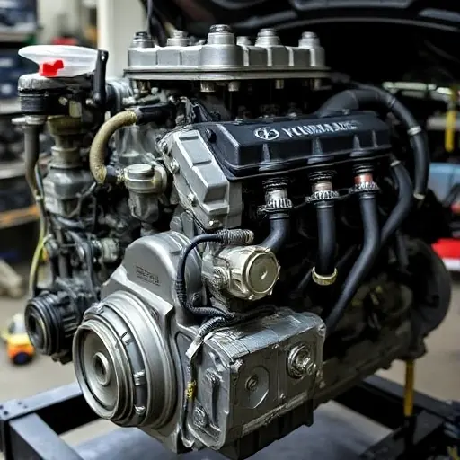 A detailed, high-quality image of a Hyundai Palisade 3.8 V6 engine undergoing a major repair. Focus on the engine block, visible components, and tools being used. The scene should be in a well-lit workshop environment.