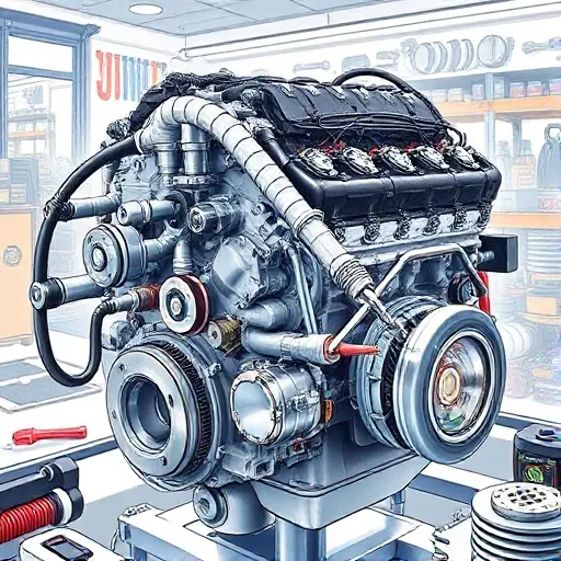 A detailed illustration of a Baojun 630 1.5L engine undergoing a major overhaul. Focus on the engine block, cylinder head, and various components being inspected and repaired. Show tools like wrenches, screwdrivers, and diagnostic equipment. The scene should be in a well-lit workshop environment with visible parts and machinery.