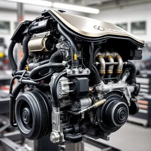 A detailed, high-quality image of a Lexus NX 2.5 Hybrid engine undergoing a major repair. The engine should be partially disassembled, revealing intricate components. Focus on the mechanics and tools involved in the repair process. The background should be a clean, well-lit workshop environment.