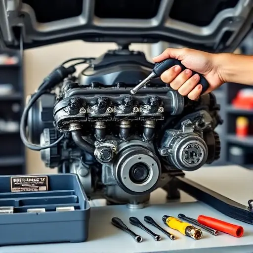 A close-up view of a Brilliance V3 1.5L 112hp engine under a lifted hood, showing the engine block, pistons, crankshaft, and a mechanic’s hand holding a wrench. The scene includes a neatly arranged toolbox and a few essential tools (screwdrivers, socket set) on a clean workbench. The focus is on the mechanical details and the tools, with a subtle background that suggests a garage setting but remains uncluttered.